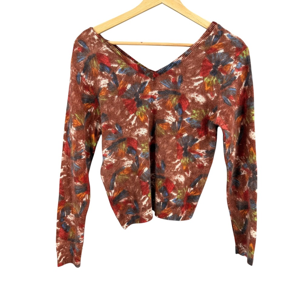 Fiorucci Sweater Size Small Brown Abstract Floral Angora Wool V-Neck